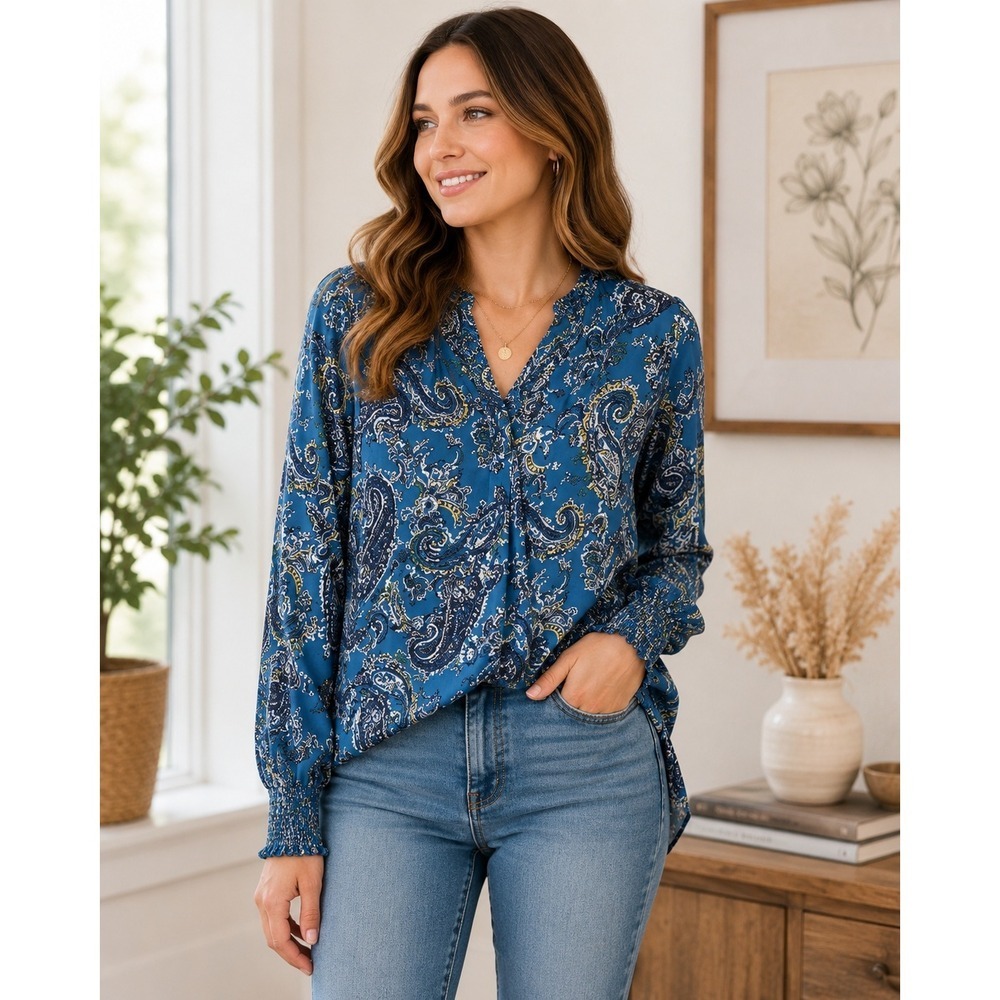 Allison Joy Blue Paisley Blouse XS Split Neck Smocked Sleeve Boho Peasant Top